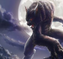 Werewolf in hybrid form, with the full moon behind them