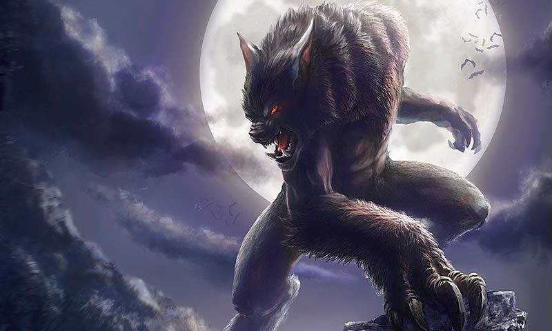 Werewolf in hybrid form, with the full moon behind them